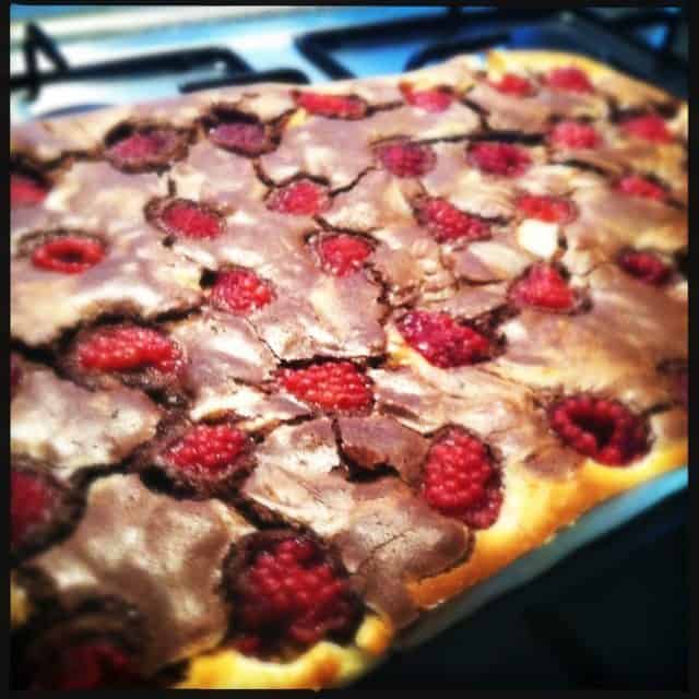 Cheesecake brownie met verse frambozen