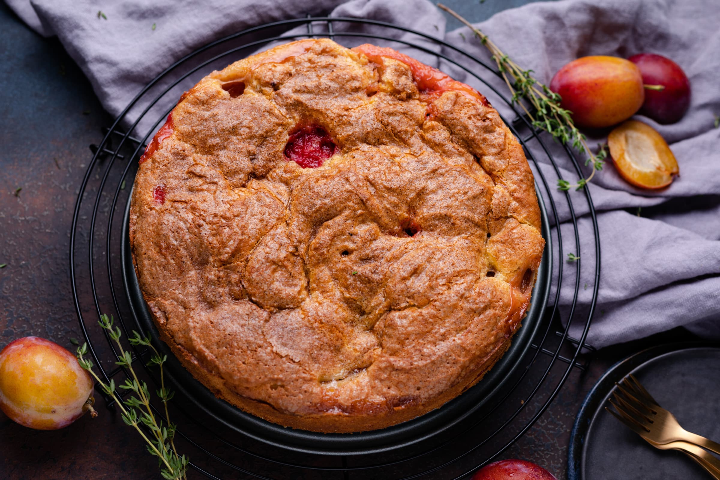 Pruimencake met ricotta, sinaasappel en tijm
